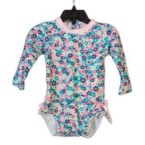 Ruffle Butts Blue Pink Floral Long Sleeve Swimsuit Baby Girl 12-18M